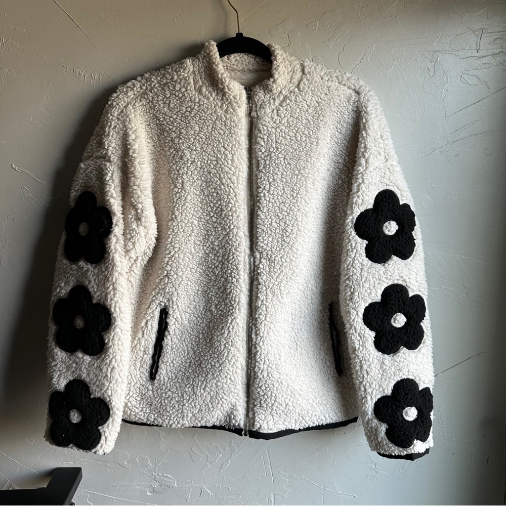 Altar'd State White Sherpa Jacket with Black Floral Appliqués